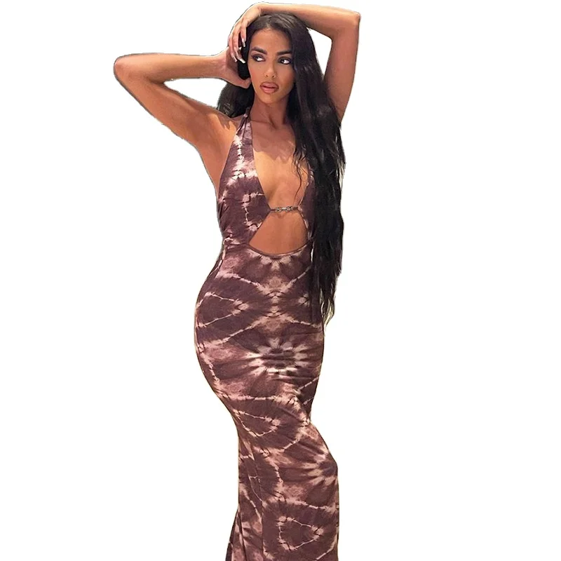 

2021 Hot Sale Sexy Hollow Long Skirt Fashion Halterneck Printed bodycon dress