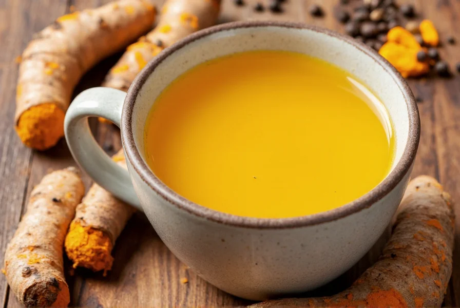 Golden turmeric tea in ceramic mug with fresh turmeric root and black pepper nearby