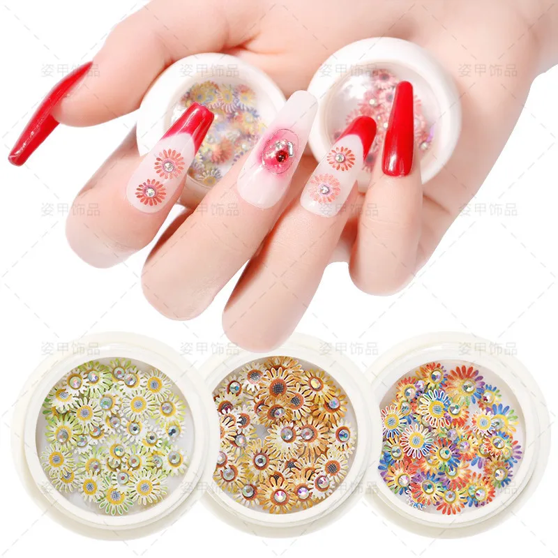 

Daisy Flower Manicure Nail Decals Colorful 3D Flower Nail Accessories With Diamonds Wood Pulp Handmade Nail Flower Stickers