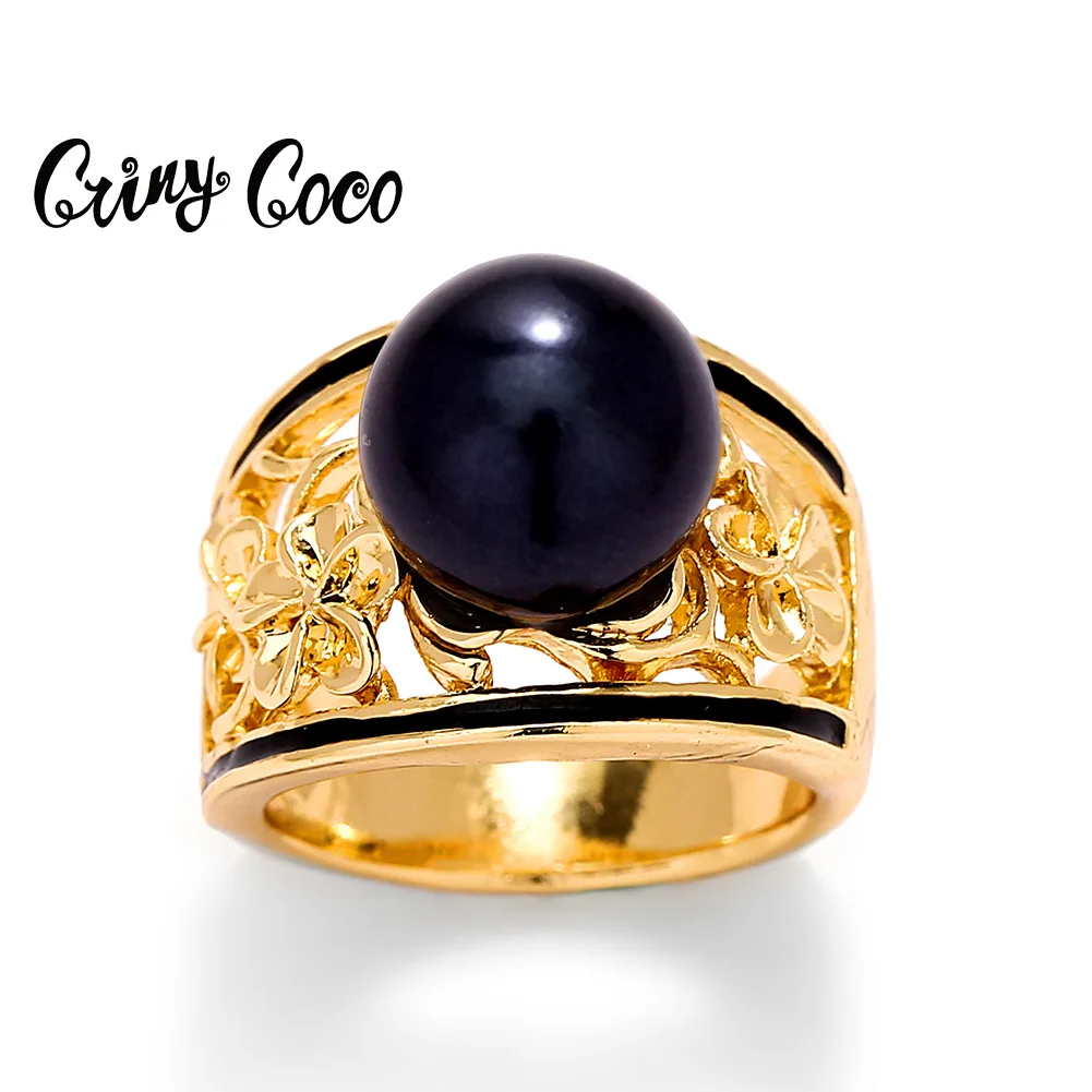 

Cring CoCo Colorful Crystal 14k Gold Plated Engagement Jewelry Black Pearl Hawaiian Rings For Women, Customized color