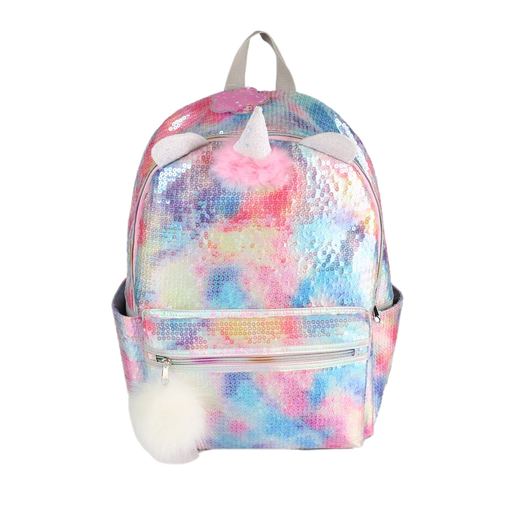 

Tie-dye sequin backpack school bags for girls with pompom school girls bags, Multicolor