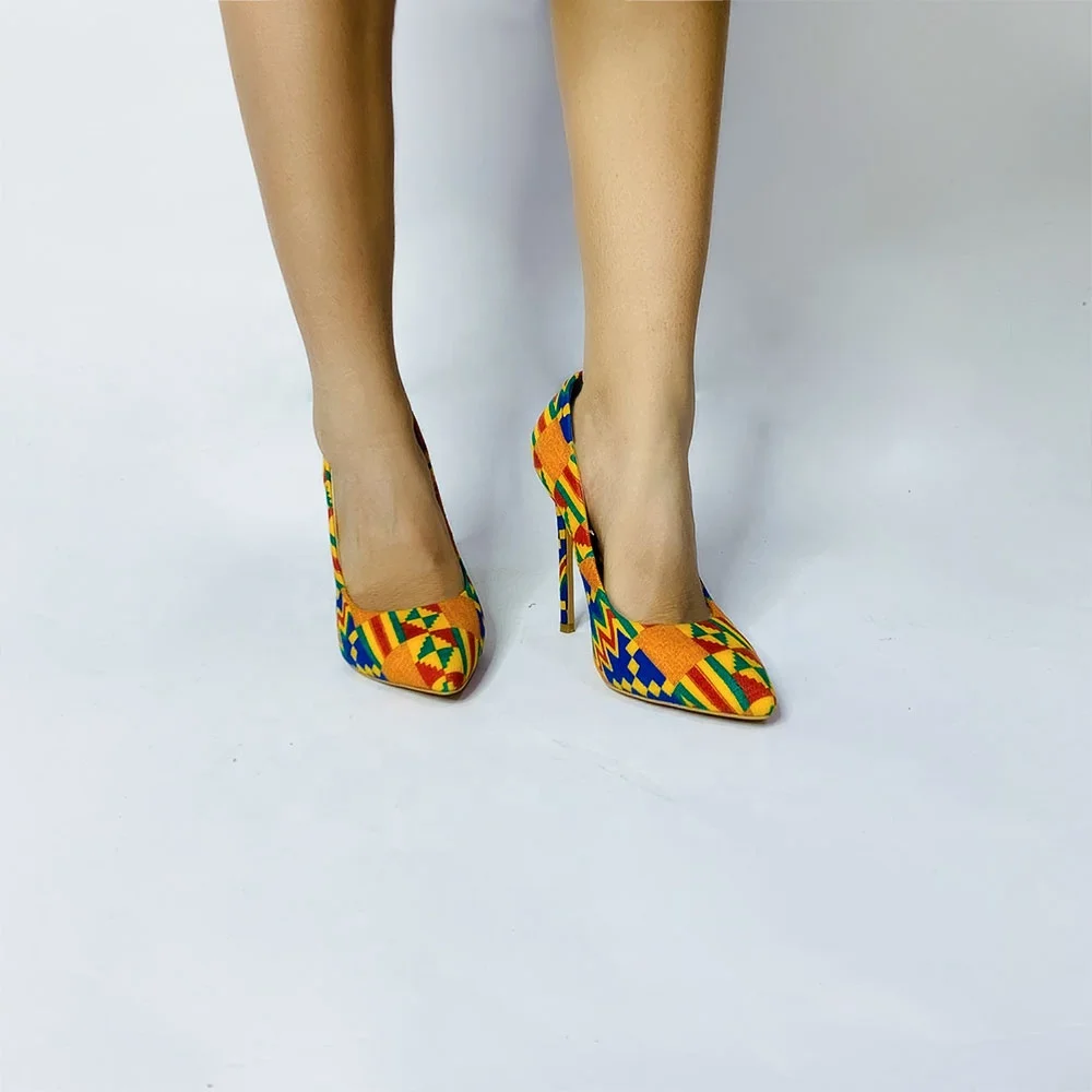 

Shenbolen Ins stylish women high heels African Kente pattern print party shoes high heels for ladies, As showed