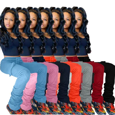 

2021 fashion woman Mid waist drawstring Stacked Sweat pants thick stacked joggers pants with side pockets