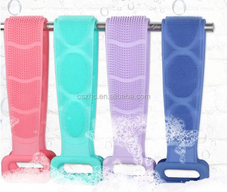 

Extra Long Silicone Durable bathing brush, Double Side Body Cleaning Belt ,Easy Hang Dry Shower Towel, Customized colors