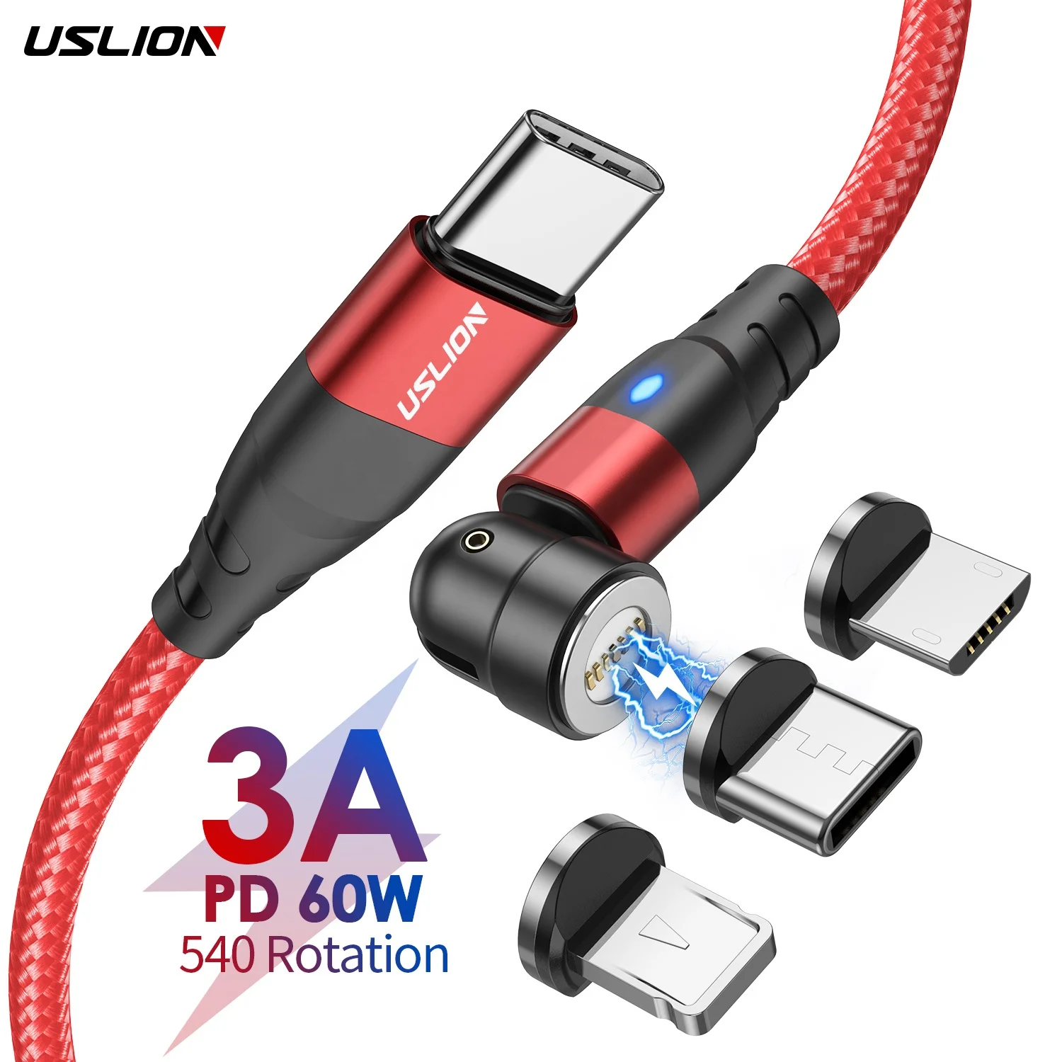 

USLION 60W PD USB C To Type C 540 Magnetic Cable Charger Charging Cable Magnet Data Cables For iPhone Charging Wire For Macbook, "black red purple"