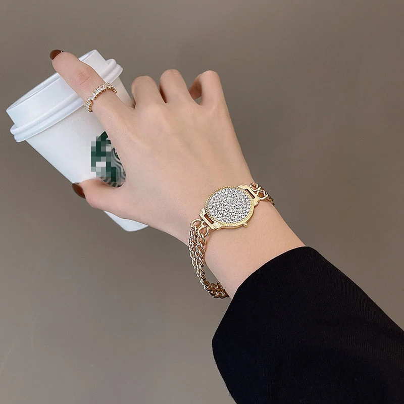

Hongtong Fashion Crystal Rhinestone Round Watch Style Wristband Exquisite Double Row Bracelet Watch For Girls, Picture