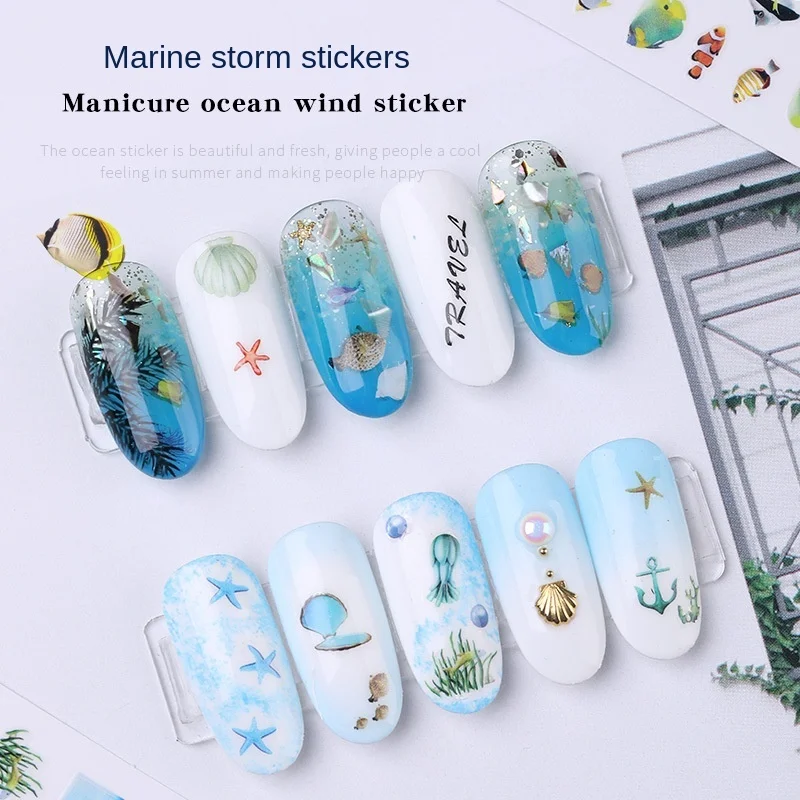 

Summer Style 3D Nail Stickers Fresh Ocean Storm Series Ornament Decals Fish Cartoon Nail Art Stickers, 6 colors