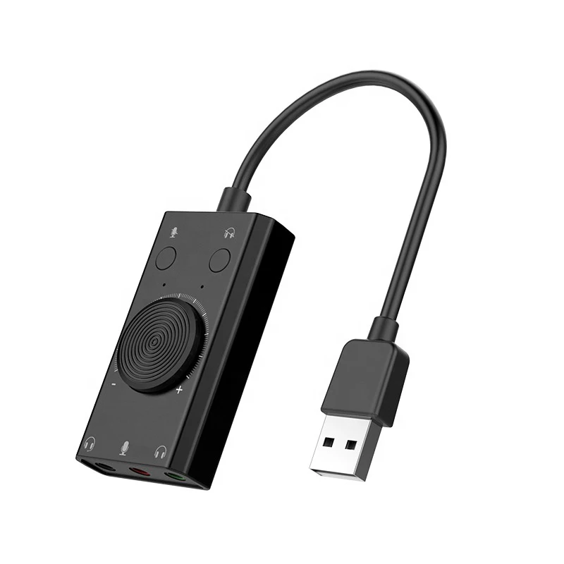 

External USB Sound Card Stereo Mic Speaker Headset Audio Jack 3.5mm Cable Adapter Mute Switch Volume Adjustment Free Drive, Black