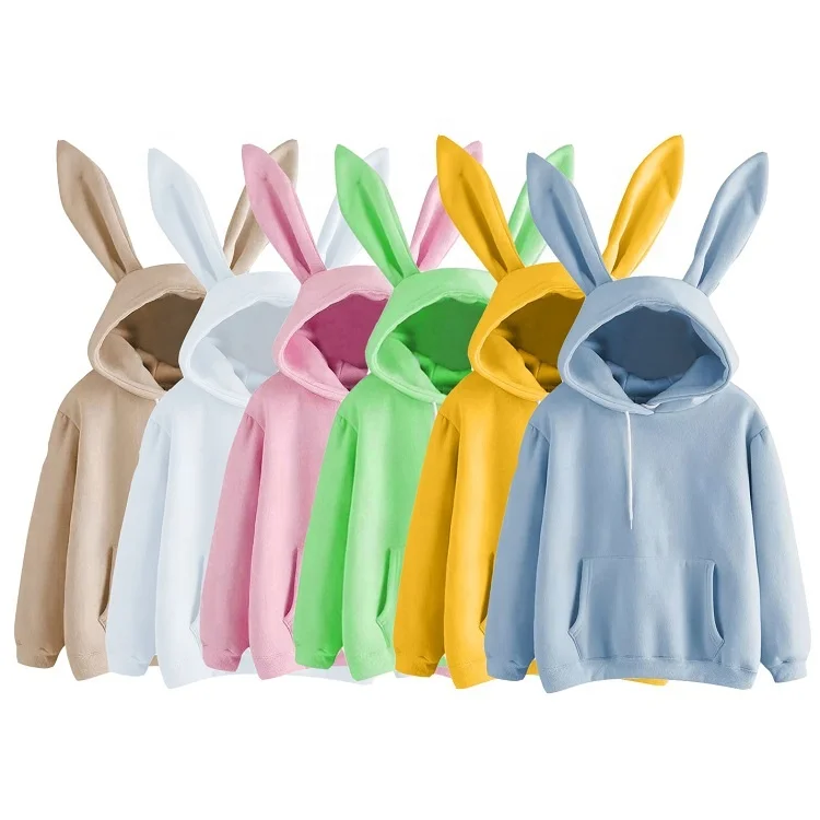 

2022 Autumn New Design Casual Women Kids Cute Candy color Hoodie with Rabbit Ears Plain Cotton Fleece Pullover Hoodies