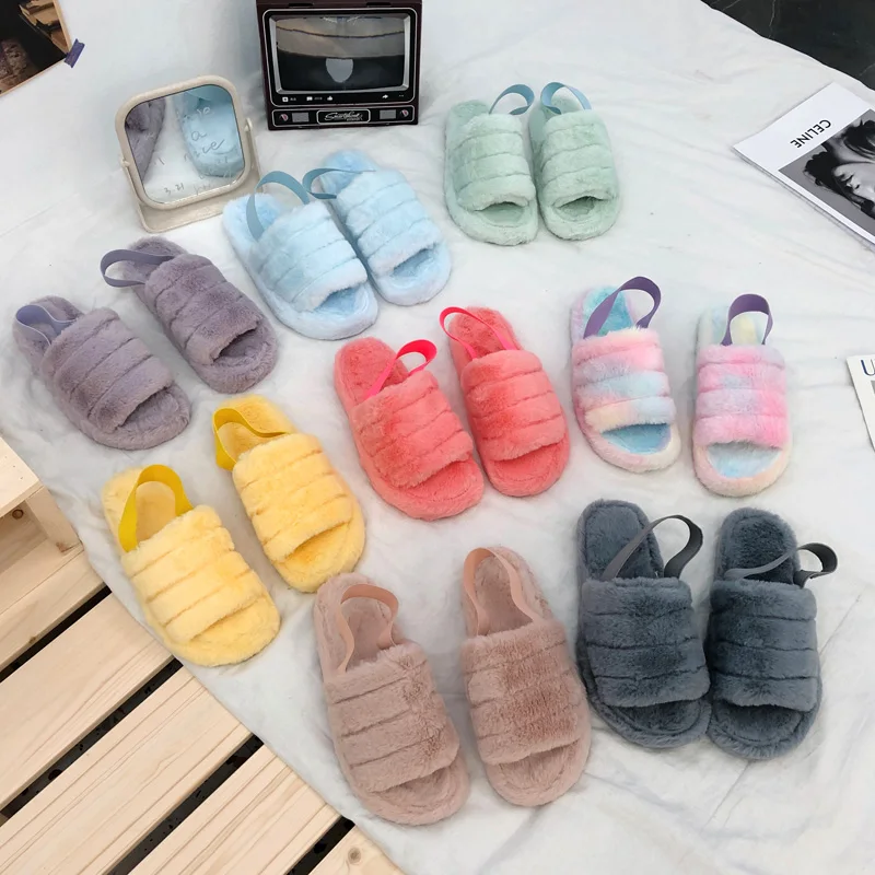 

2020 Fur Slippers Winter Fluffy Furry Slippers House With Fur Slides Female Warm Soft Indoor Faux Fur Slippers Women