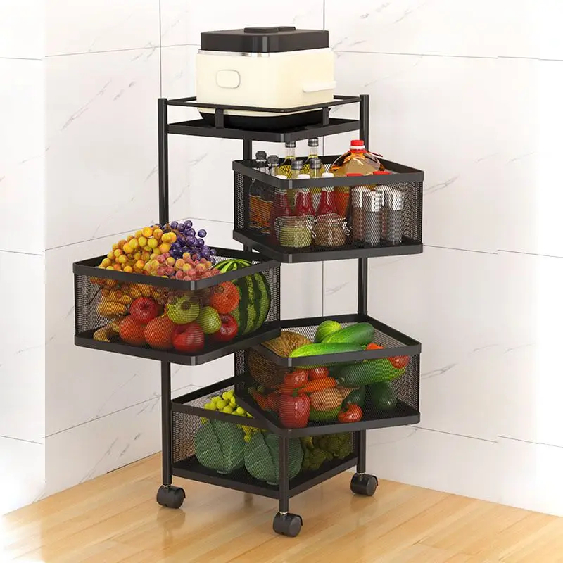 

2021 new multi-layer metal multifunctional black 360-degree rotating storage rack vegetable and fruit storage basket, Black/white