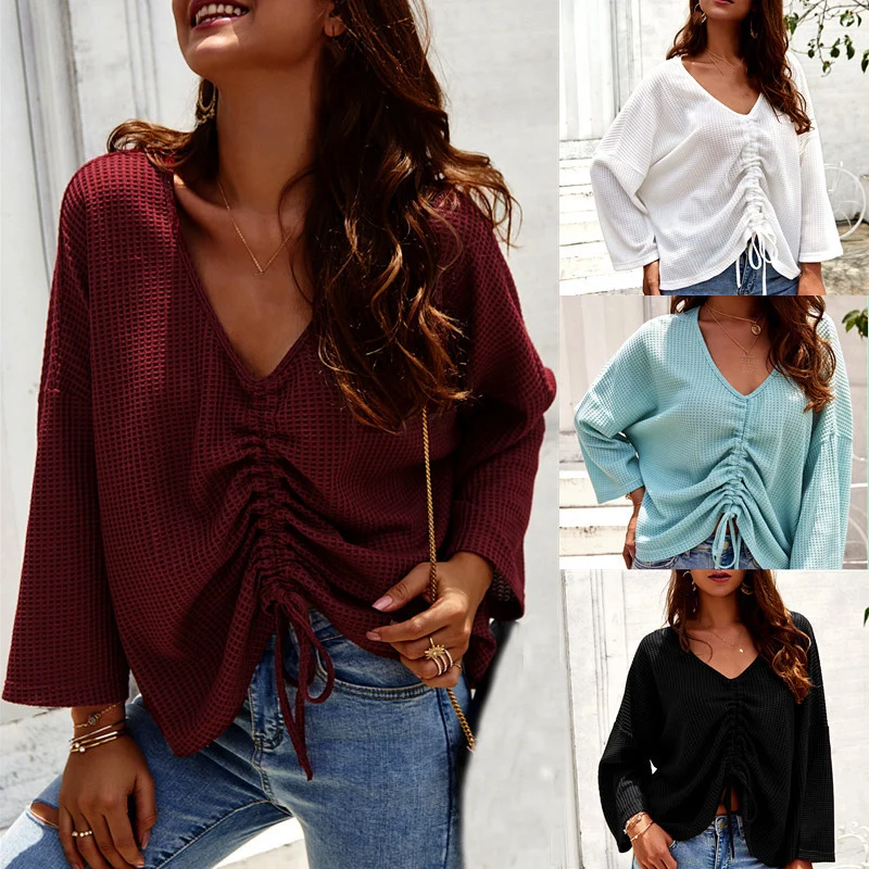 

Fashion 2019Design Drawstring Sweater Women Sexy V-neck Autumn and Winter Long Sleeve Jumper Top Vintage Pull Pullovers Sweaters