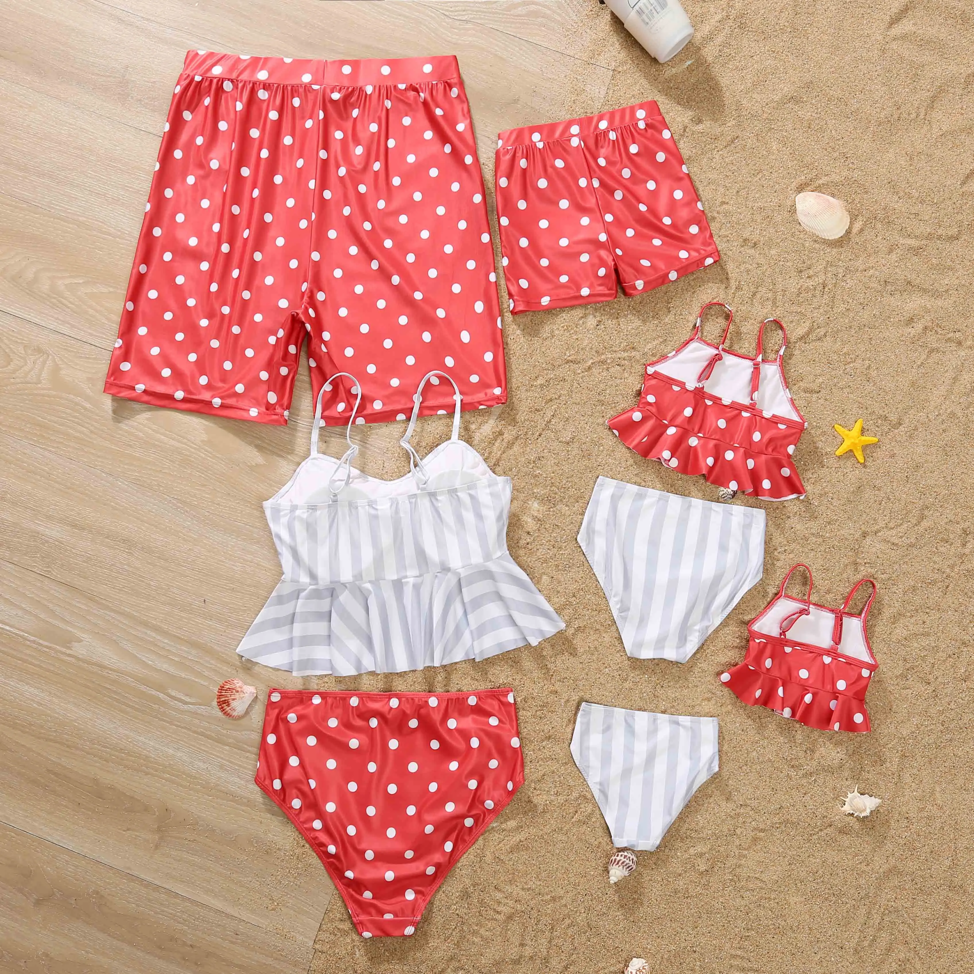 

Beach Swim Wear Women Kid Boy Baby Girl Clothes  Matching Swimwear Bikini Mommy and Me Printed Dot Baby Swimsuit Summer, As picture