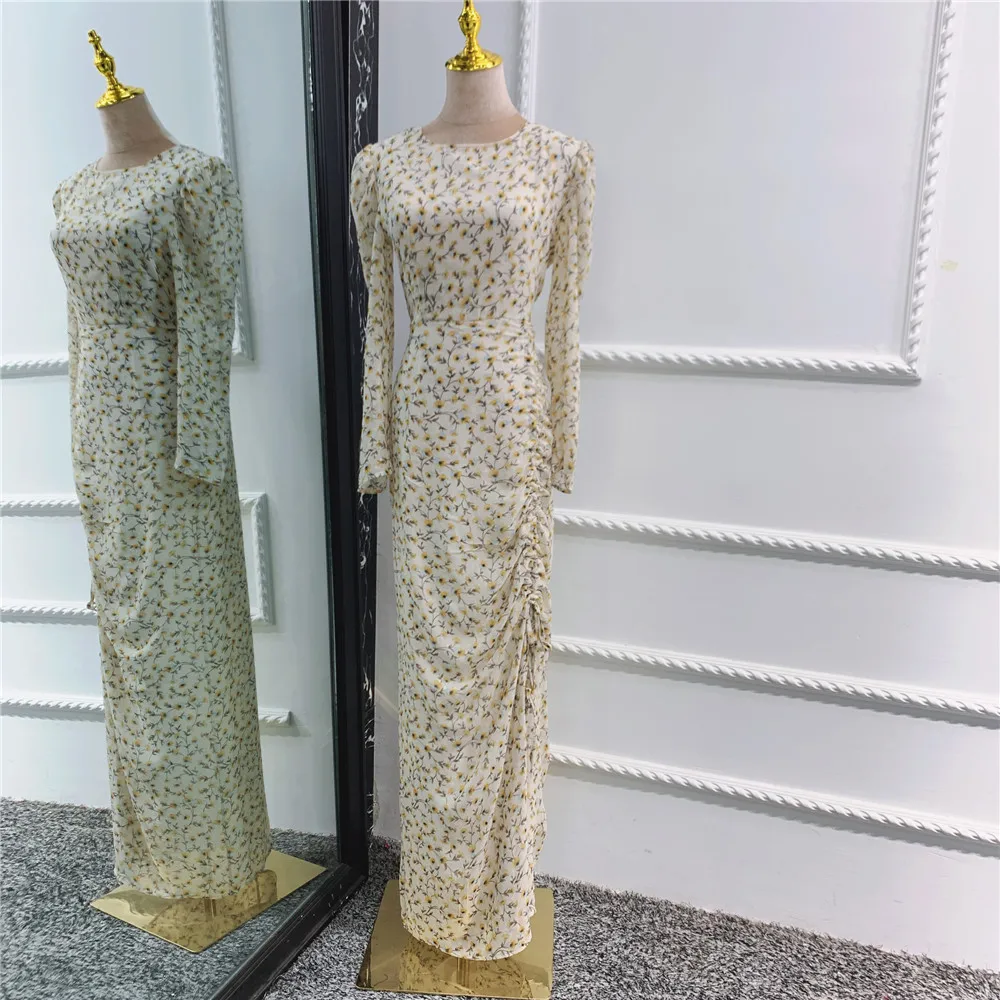 

2021 Maxi Tight-Fitting Dress with Straw string Bohemia Chiffon Dress Knee Length islamic Abaya Islamic Dubai Fashion Abaya