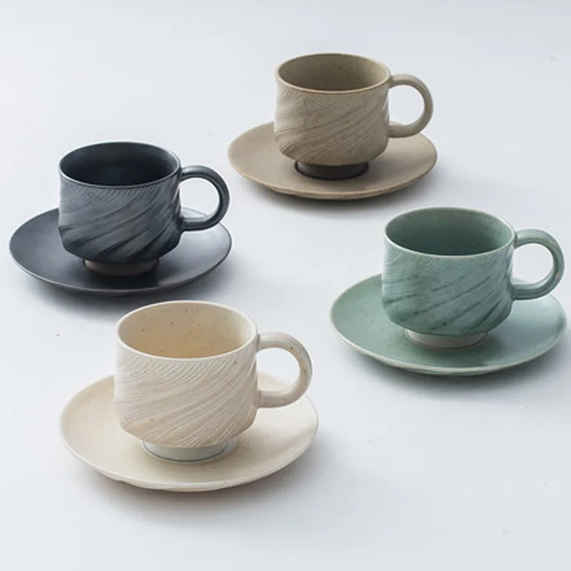 

Handmade Stoneware Coffee Cup with Saucer Set Household Ceramic Mug Couple
