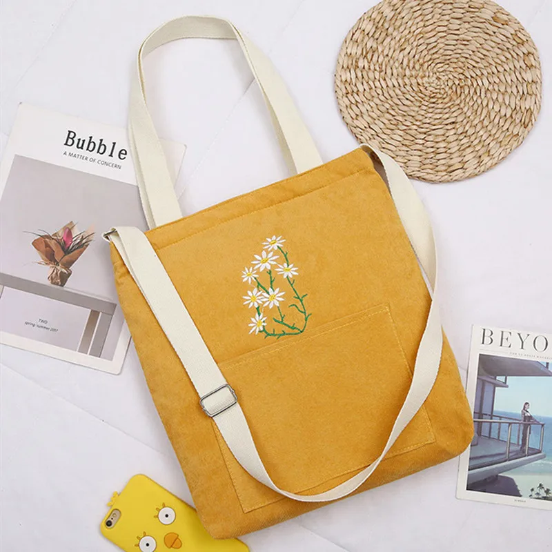 

Students popular style 2 handles yellow embroidery daisy shoulder bag tote corduroy bag