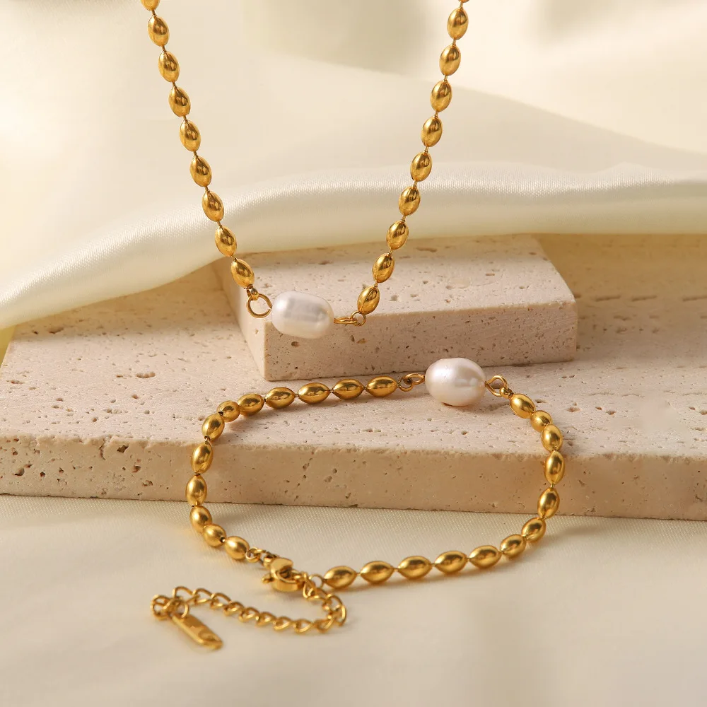 

Ins Hot Sale Natural Freshwater Pearl Necklace Gold Bean Stainless Steel Bracelet Necklace Jewelry for Women