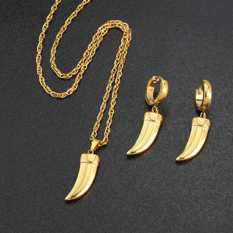 

BSWEET New Design Gold Plated Necklace 18k Real Gold Plated Stainless Steel Wolf Tooth Jewelry Set, Gold color
