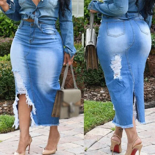 

European and American high waist washed denim split hip skirt