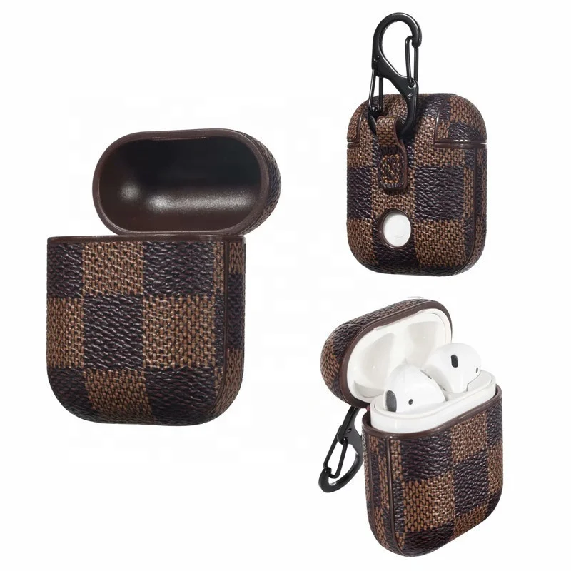 2020 Luxury Grid Leather Airpods Case Cover Wireless Bluetooth Earphones Protective Case for Airpods Charging Case