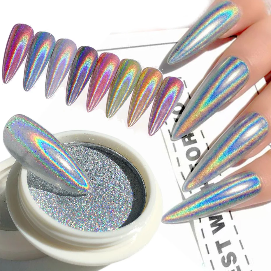 

Holographic Nail Powder Laser Glitter Chrome Pigment Rub Dust Mirror Design Nail Polish Decor, 9 colors