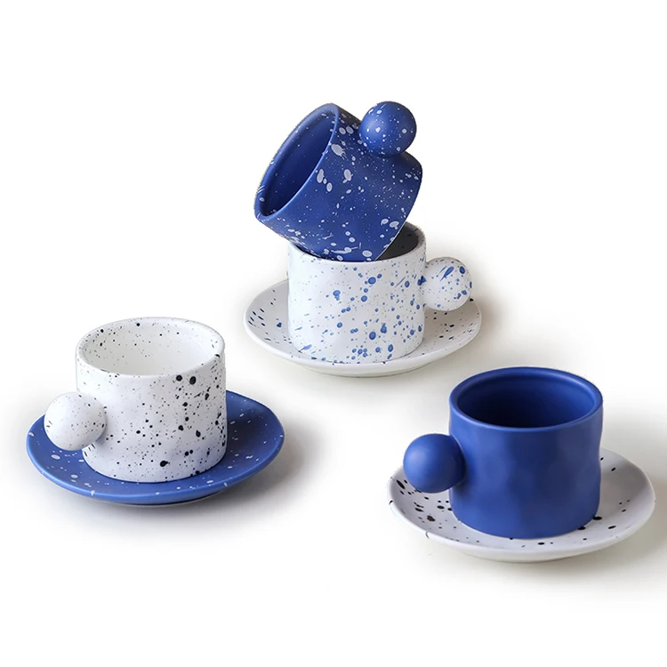 

Breakfast Porcelain Mug Splash ink Pattern Coffee Cup Tea Ceramic Cup Saucers Set With Round Ball Handle, Picture shows