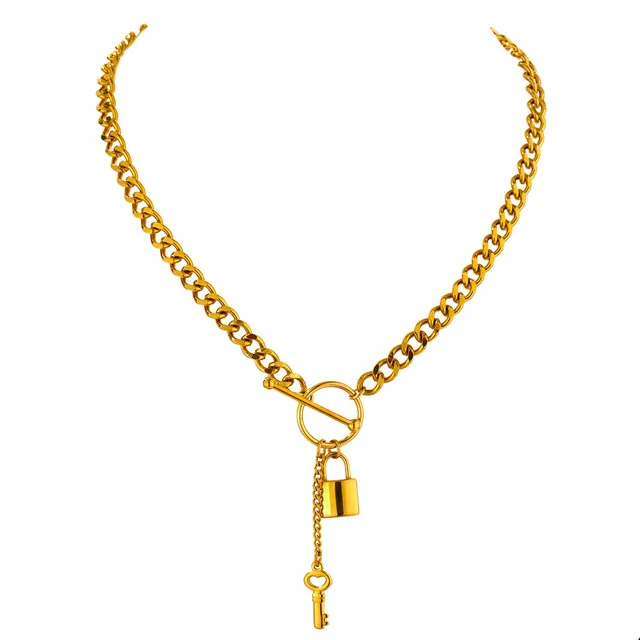 

Jewelry Punk 316L Stainless Steel Metal Lock Pendant Necklace Minimalist 18 K Gold Plated Chain Necklace, Picture shows