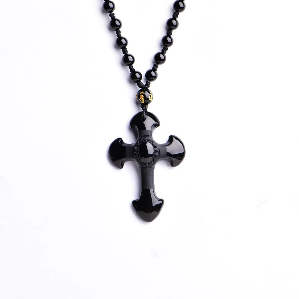 

Natural Stone Obsidian Cross Amulet Pendant Necklace Hand Carved Pendant with Lucky Free Beads Chain For Women Men Jewelry, Black