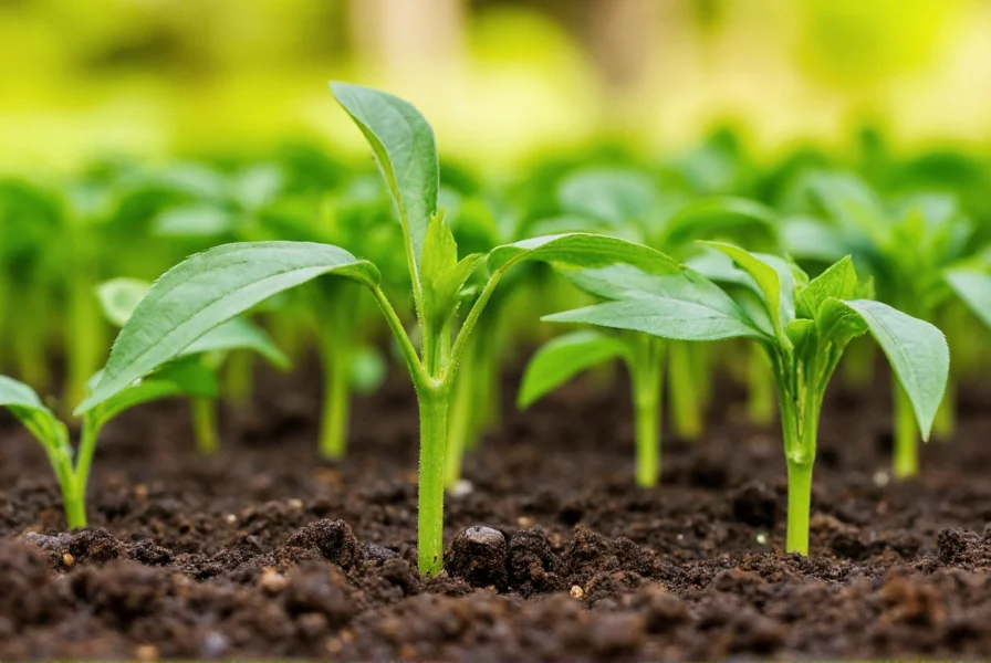 Close-up of healthy pepper seedlings in garden soil with proper spacing
