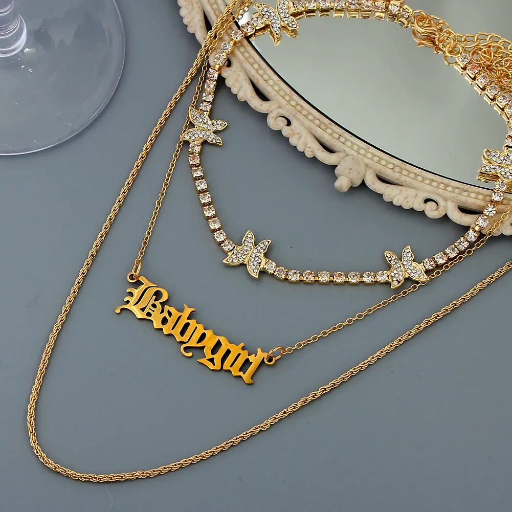 

3 Pcs/set New Trendy Bohemia Jewelry Gold Twisted Chain Necklace Babygirl Letter Pendant Crystal Butterfly Choker Necklace, Gold color