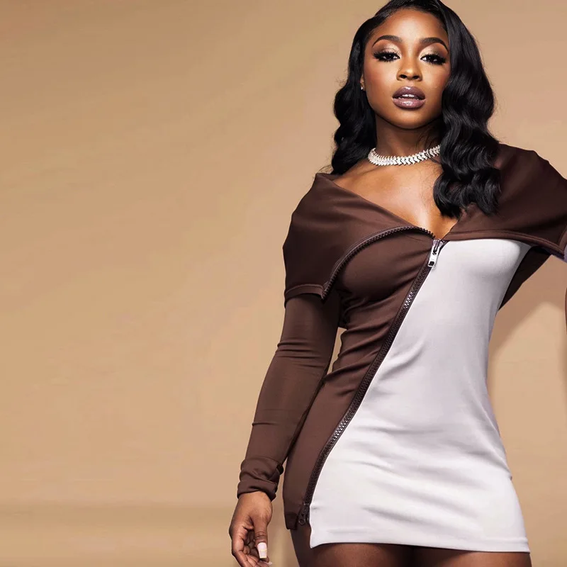 

Designer Patchwork Color Block Short Dress Hoodie Zipper Long Sleeve Mini Dresses