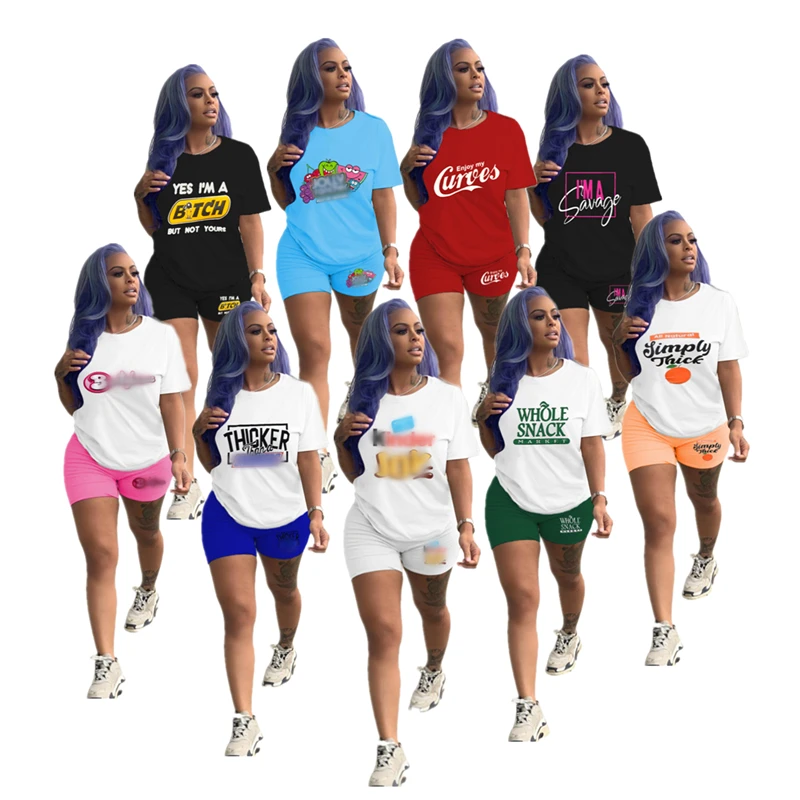 

New Letter Print T shirt Casual Sports Two Piece Set Custom Tracksuit Solid Color Women Outfits Short Sleeve Biker Shorts, 14 colors