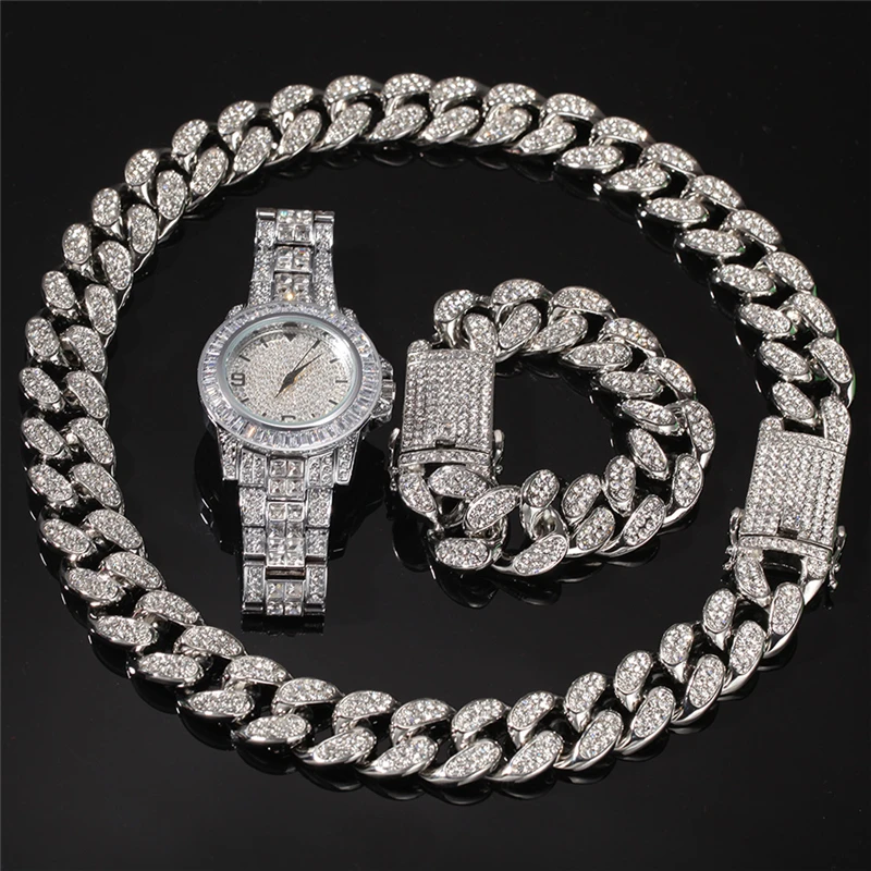 

20mm Cuban Link Chain Hip Hop Gold Silver Necklace Bracelet Watch for Men Fashion Jewelry Set