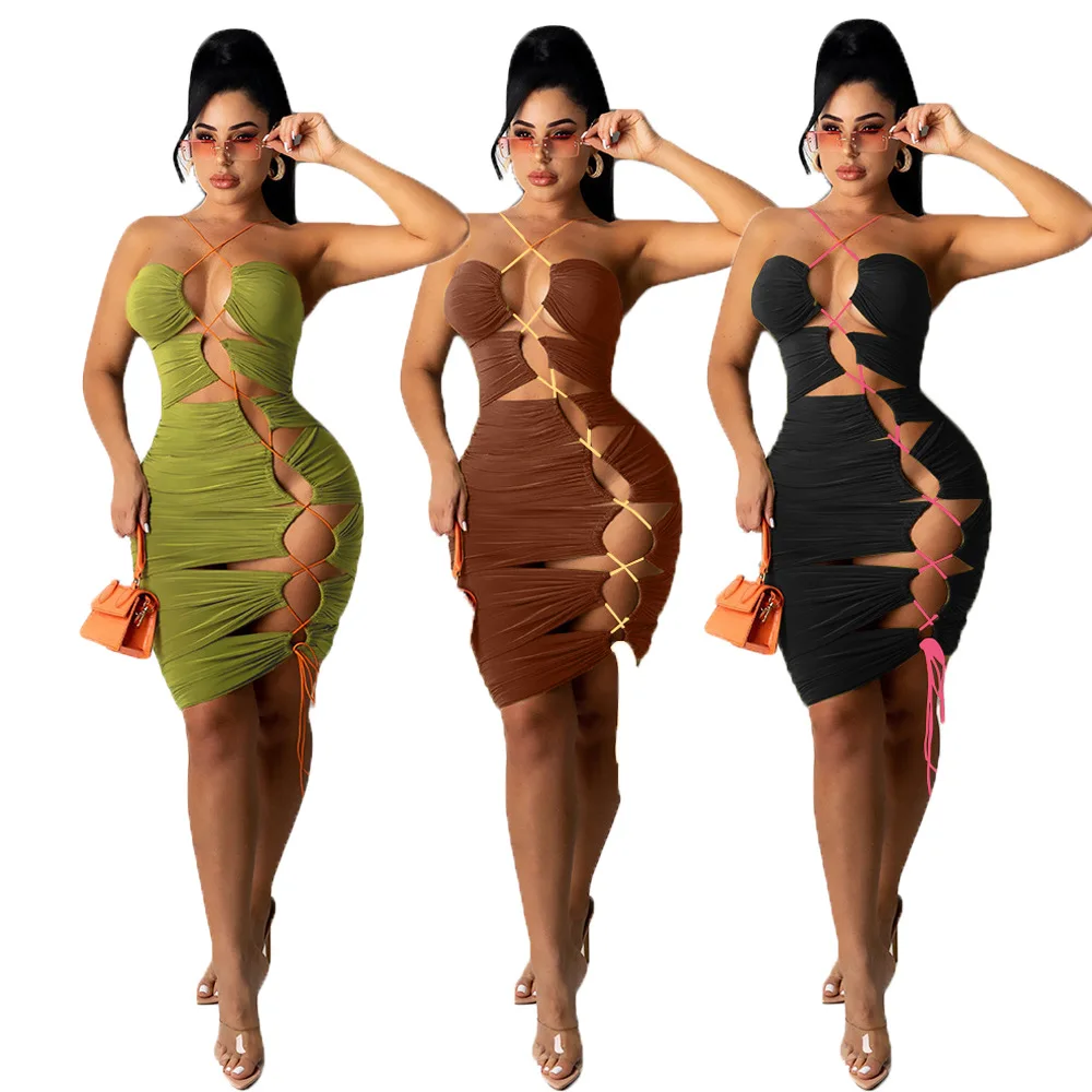 

D 2021 new summer women clothing irregular hollow drawstring straps hanging neck open back sexy show body dress