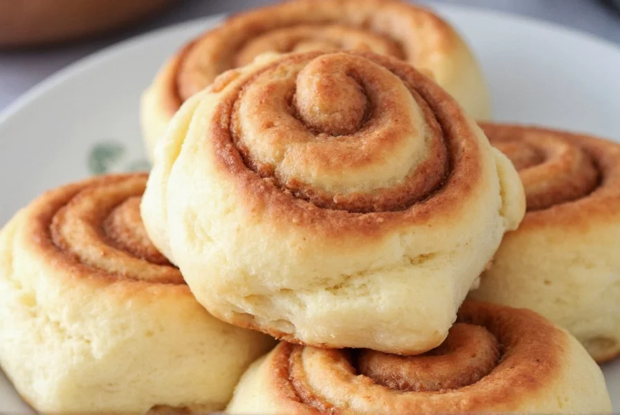 Finished fast cinnamon buns with icing drizzle on rustic wooden board