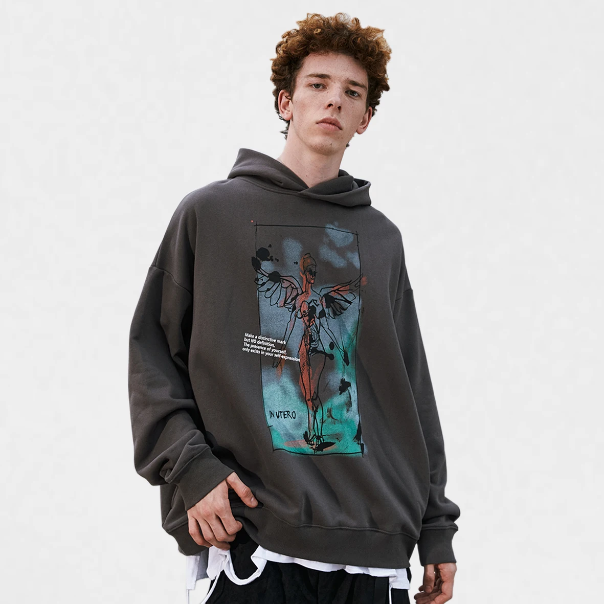 

New Fashion White And Grey Two Colors Winter Thick Fleece Vintage Screen Printed Mens Oversized Pullover Hoodies