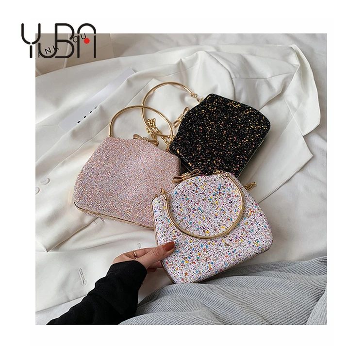 

New luxury Metal Handle clutch trending handbags 2021 Women Personality chain Sequin cluch purse for Evening Party, Customizable