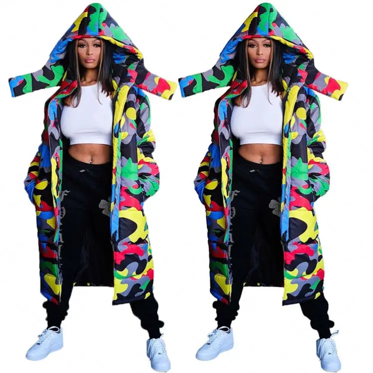 

Hot Selling Camouflage Zipper Detachable Hat Womens Winter Hooded Down Jacket Polyester Padded Jacket Coat full length down coat