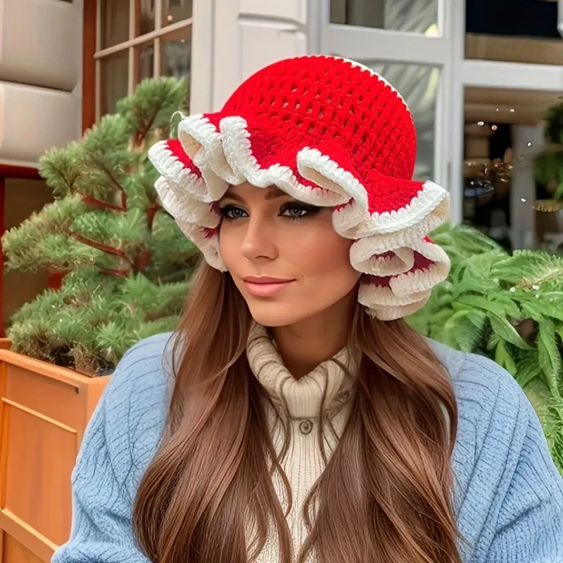 Ladies Exaggerated Fisherman Hat Handmade Crochet Knit Ruffled Brim 100% Acrylic Casual Winter Outdoor Travel