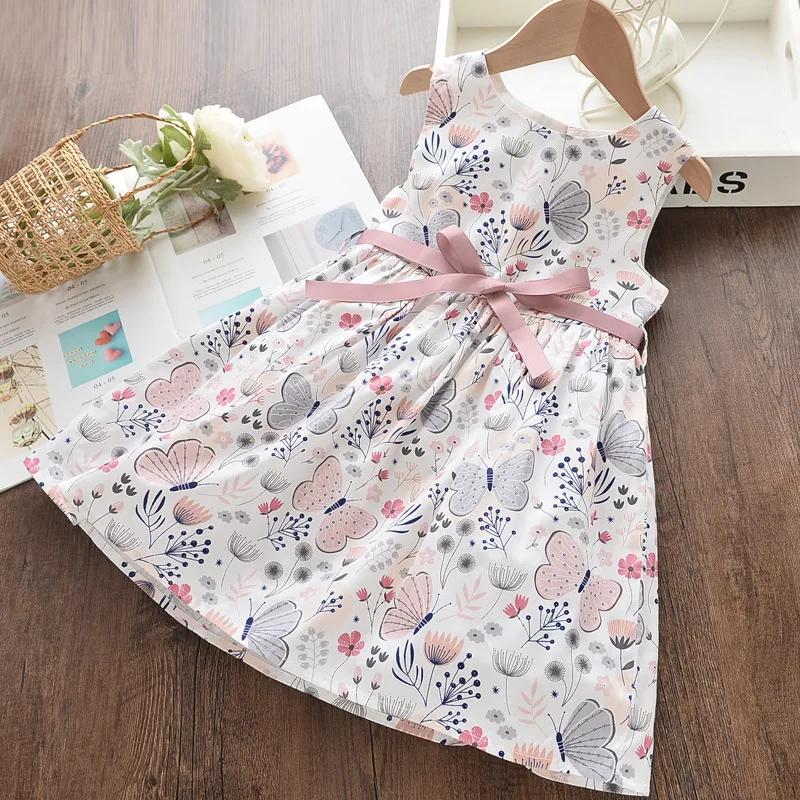 

2021 Summer Girls Sleeveless Dress Printed Butterfly Princess Cotton Dress