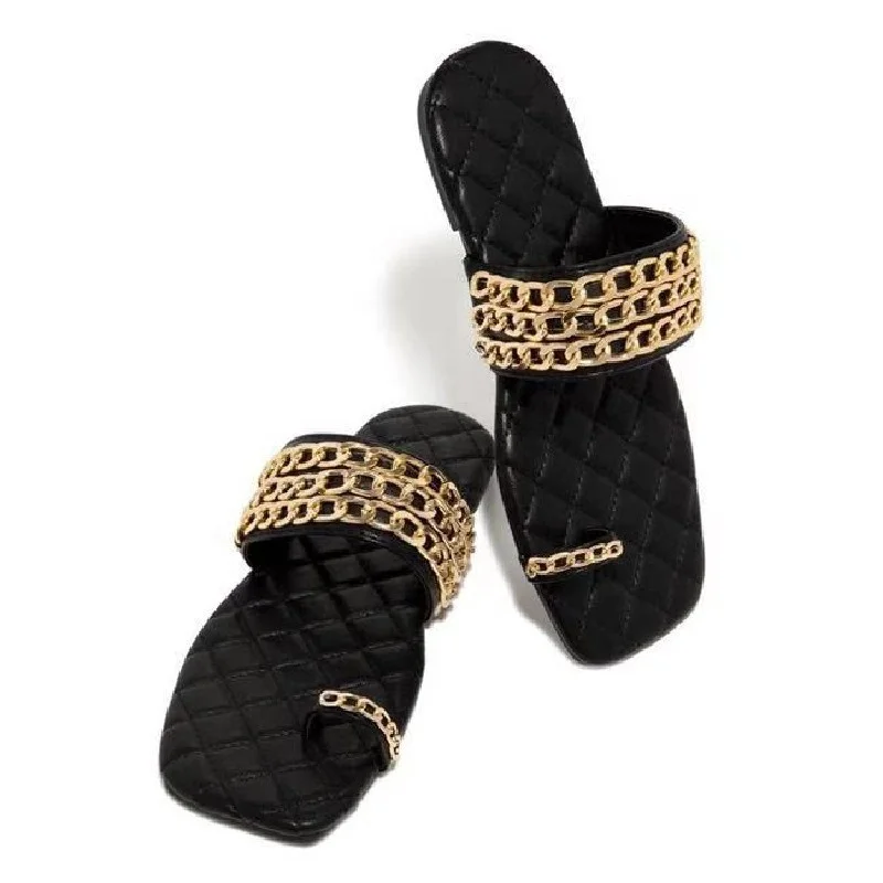 

Fashion Female Soft Sole Slippers Luxury Leather Sandals with Chain Strap Casual Flip Flops for Women, 3 colors