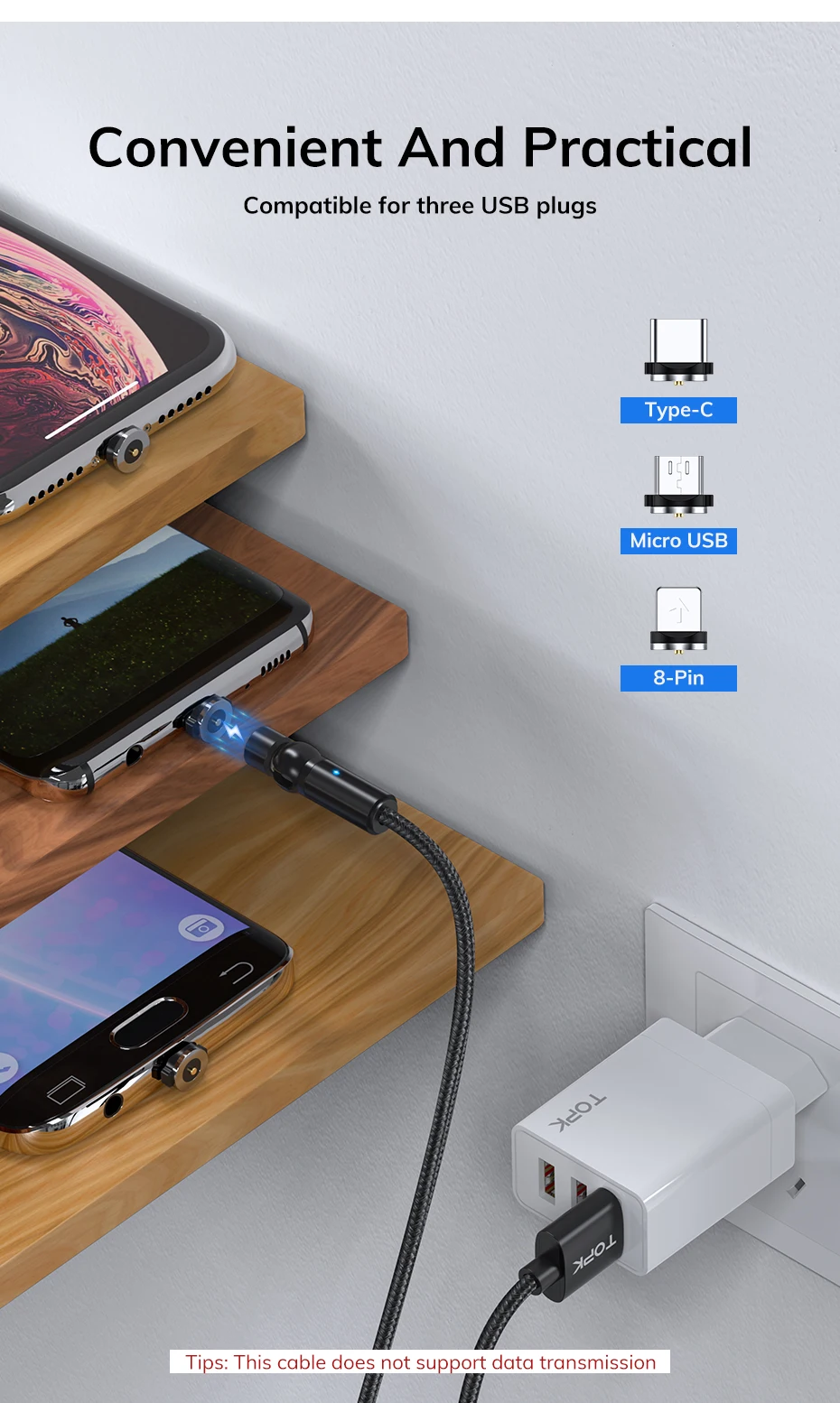 TOPK AM68 1M Led 3 In 1 Magnetic Charger Cable Free Logo Printing 540 Magnetic Charging Strong Cable For Phone - ANKUX.COM