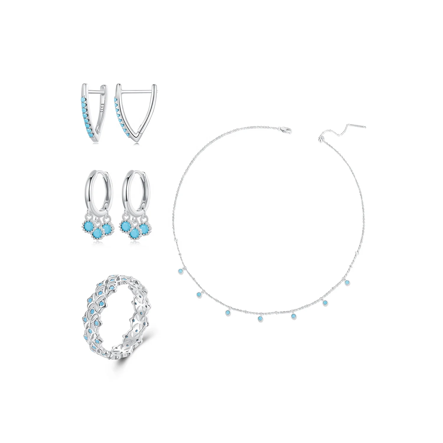 925 Sterling Silver Fashion Jewelry Sets Fine Jewelry Wholesale Elegant Smart Synthetic Turquoise Necklace Ring Earrings Set