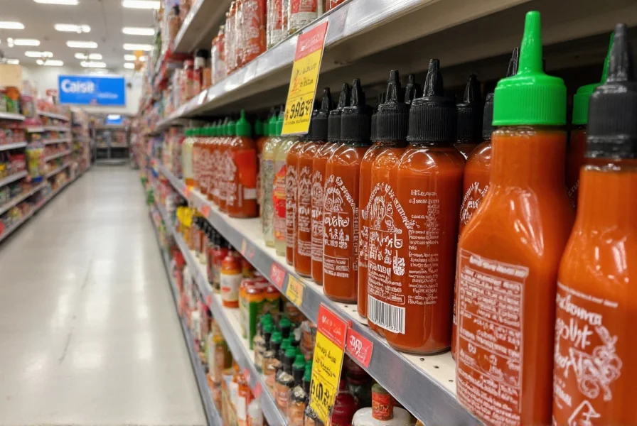 Walmart store aisle showing sriracha chili sauce next to other Asian sauces