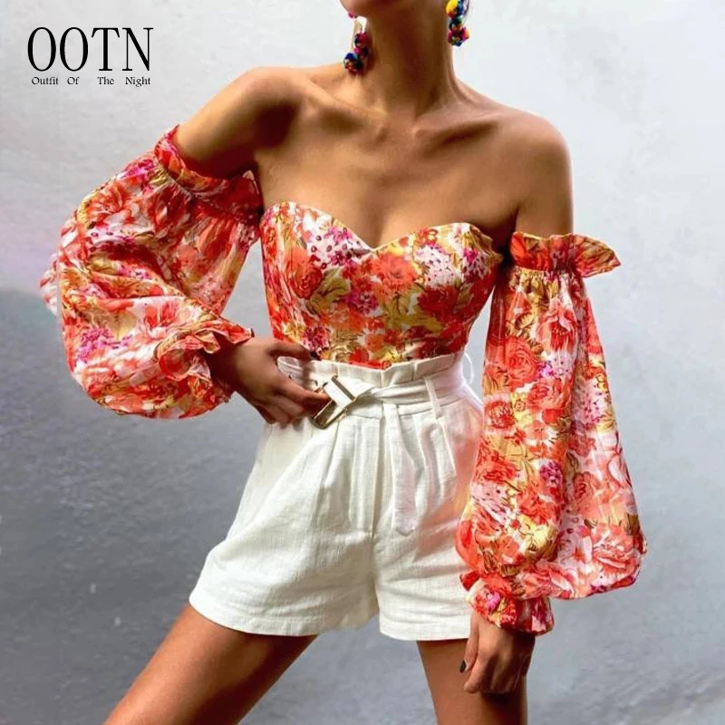 

OOTN Fashion Women Holiday Beach Shirt Vintage Leaf Printed Elegant 2021 Female Blouse Sexy Off Shoulder Ruffles Summer Crop Top