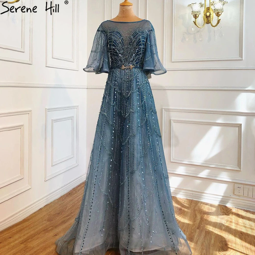 

Serene Hill 2021 Lady Prom Dresses Green O Neck Short Sleeve Lace Beading Lady Evening Gowns For Women Elegant Party LA70822