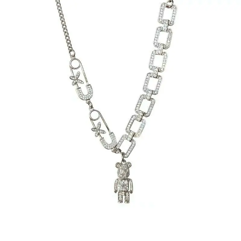 

Multi-element Rhinestone Bear Old-fashioned Exquisite Design Hip-hop Sweater Chain Necklace, Sliver