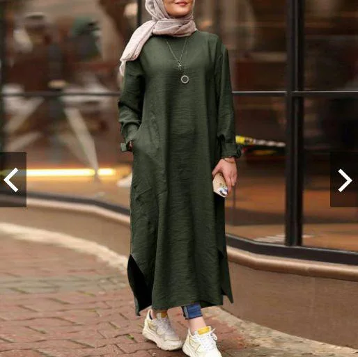 S-5XL Women's New Muslim Solid Color Long-sleeved Shirt Pocket A-line Dress Casual Gown Support Customized Floral