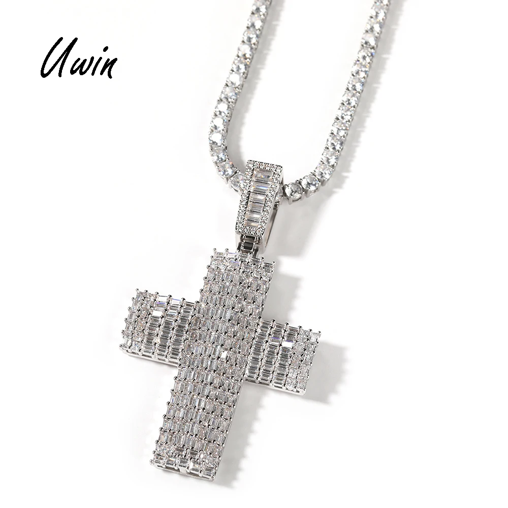 

UWIN Hip Hop CZ Orthodox Cross Pendant Square Stone Silver Gold Color Pendant Necklace Charm Necklace Women Man Jewelry, Rose gold+silver, gold, gold+silver