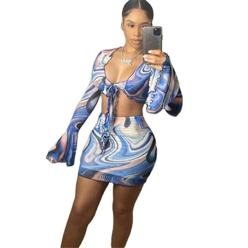 

Two Piece Skirt Set Printed Bandage Crop Top Outfits Suits For Women 2021 New Arrivals Summer Sexy Bodycon 2 Piece Set